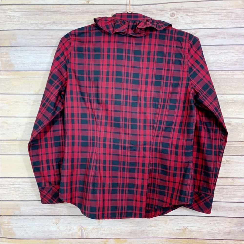 Lauren Ralph Lauren Red Black Buffalo Plaid Ruffle Cotton Blouse Fall Christmas - Picture 4 of 5